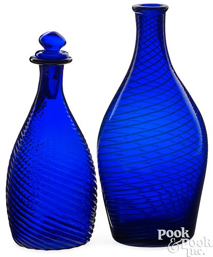TWO COBALT GLASS BOTTLES, MID