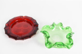 TWO COLORED GLASS ASHTRAYS, 20