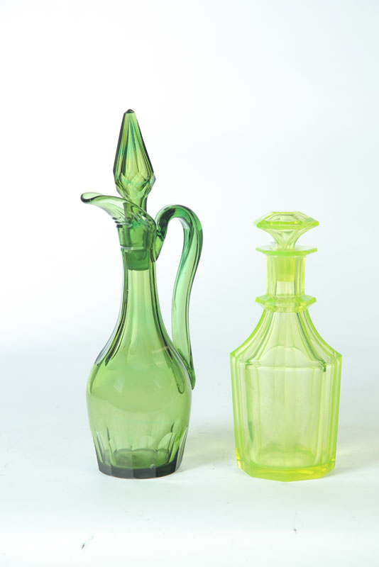 TWO COLORED GLASS DECANTERS. 