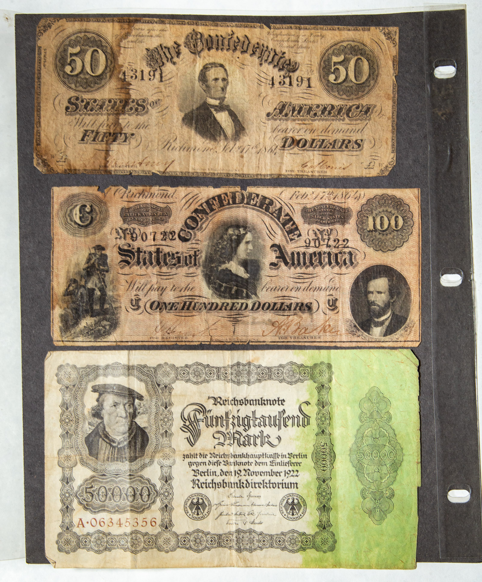 TWO CONFEDERATE NOTES & ONE 1922
