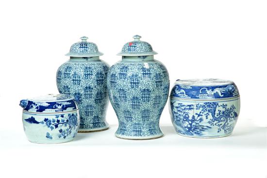 TWO CONTAINERS AND A PAIR OF VASES.