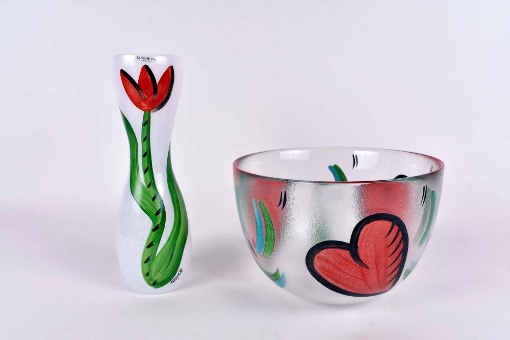TWO CONTEMPORARY KOSTA BODA PAINTED