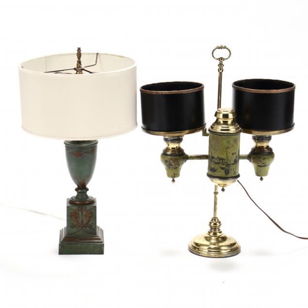 TWO CONTINENTAL GREEN TOLE LAMPS