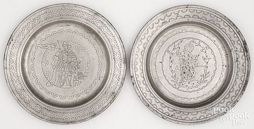 TWO CONTINENTAL PEWTER PLATES,