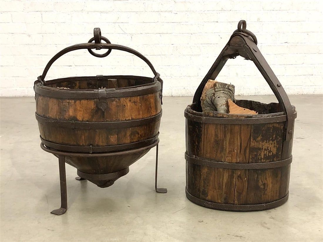 TWO CONTINENTAL STAVED OAK AND IRON