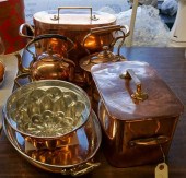 TWO COPPER CASSEROLES, TWO TEA