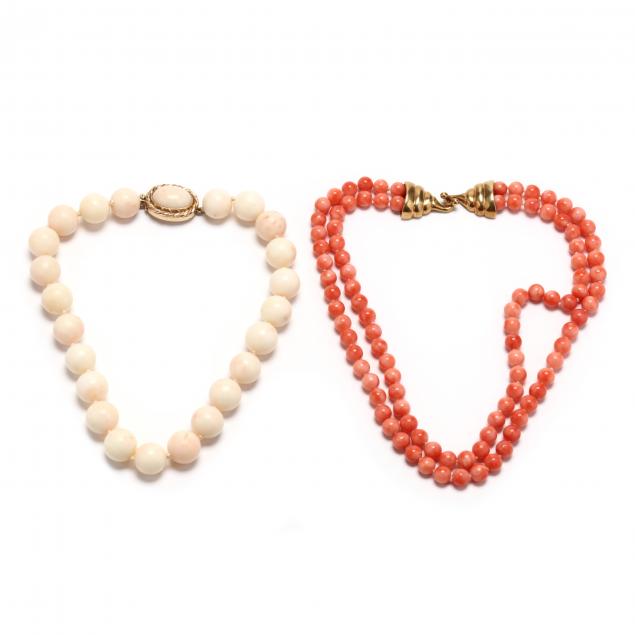 TWO CORAL BEAD NECKLACES The