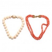 TWO CORAL BEAD NECKLACES The f