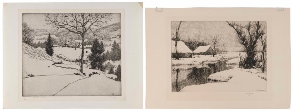 TWO COUNTRY WINTER SCENE ETCHINGS