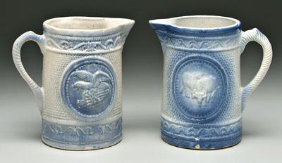 Two crockery pitchers: blue and
