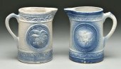 Two crockery pitchers: blue an