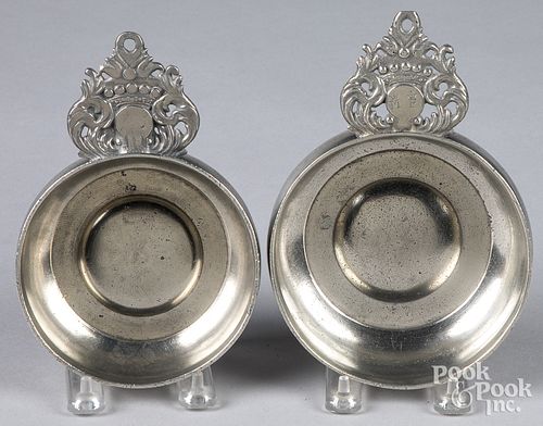 TWO CROWN HANDLE PEWTER PORRINGERS,