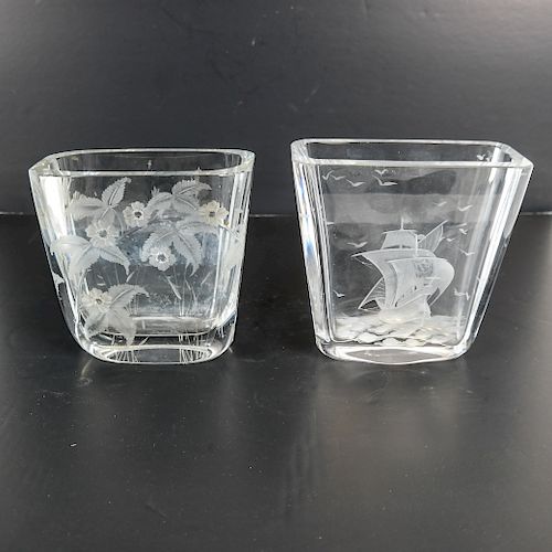 TWO CRYSTAL ETCHED VASESTwo crystal