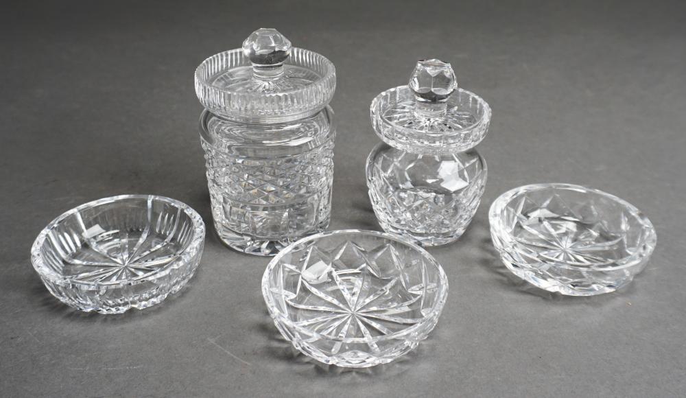 TWO CRYSTAL JAM JARS AND THREE