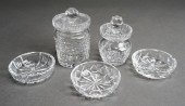 TWO CRYSTAL JAM JARS AND THREE