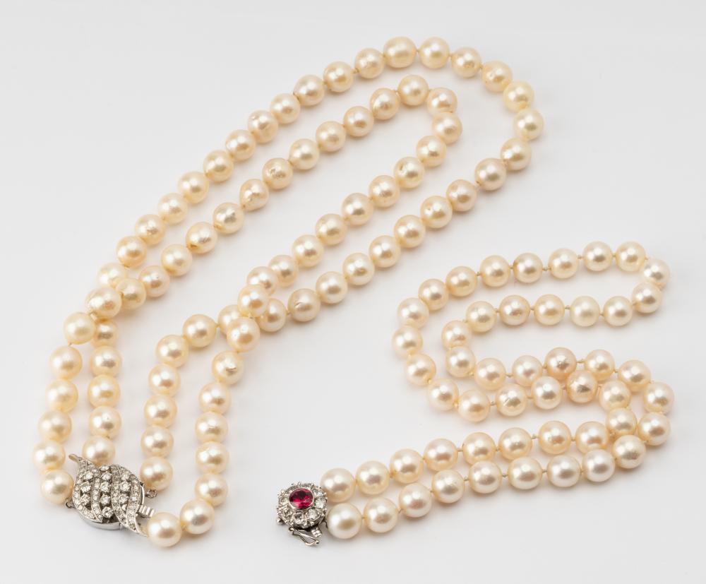 TWO CULTURED PEARL & GEM-SET