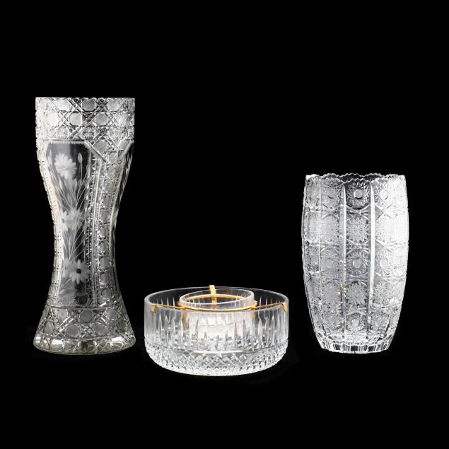 TWO CUT CRYSTAL VASES AND CAVIAR