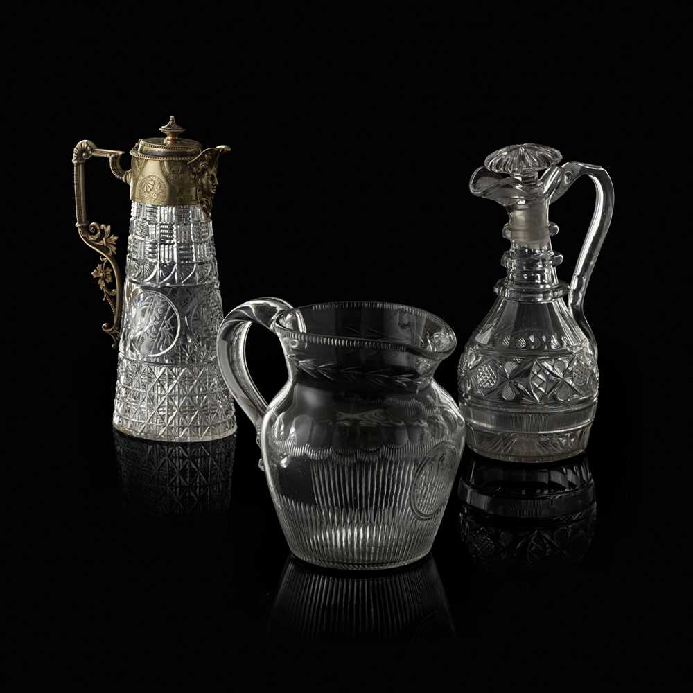 TWO CUT GLASS CLARET JUGS 19TH