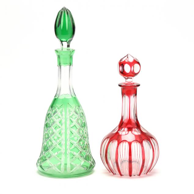 TWO CUT TO CLEAR GLASS DECANTERS