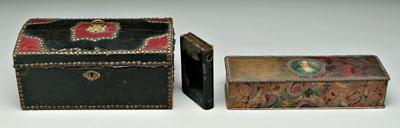 Two decorated boxes, flask: