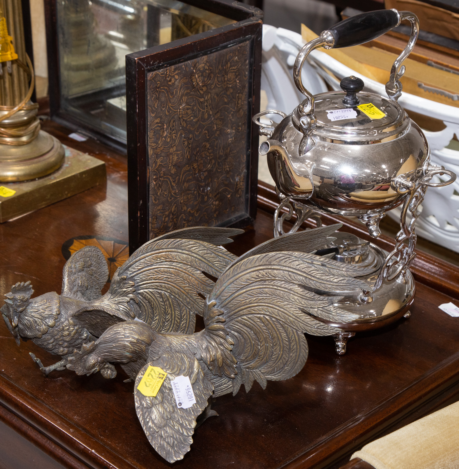TWO DECORATIVE METAL ROOSTERS;