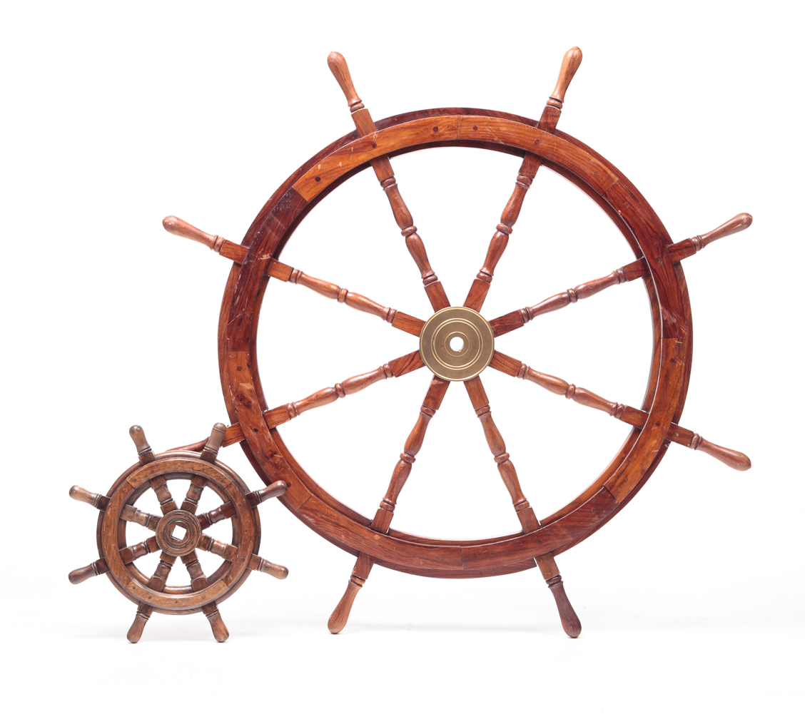 TWO DECORATIVE SHIP'S PILOT WHEELS.