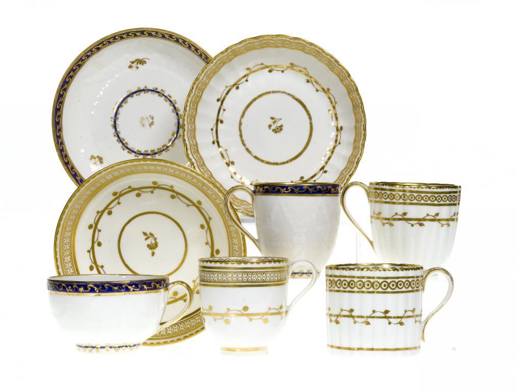 TWO DERBY TRIOS AND A GILT COFFEE