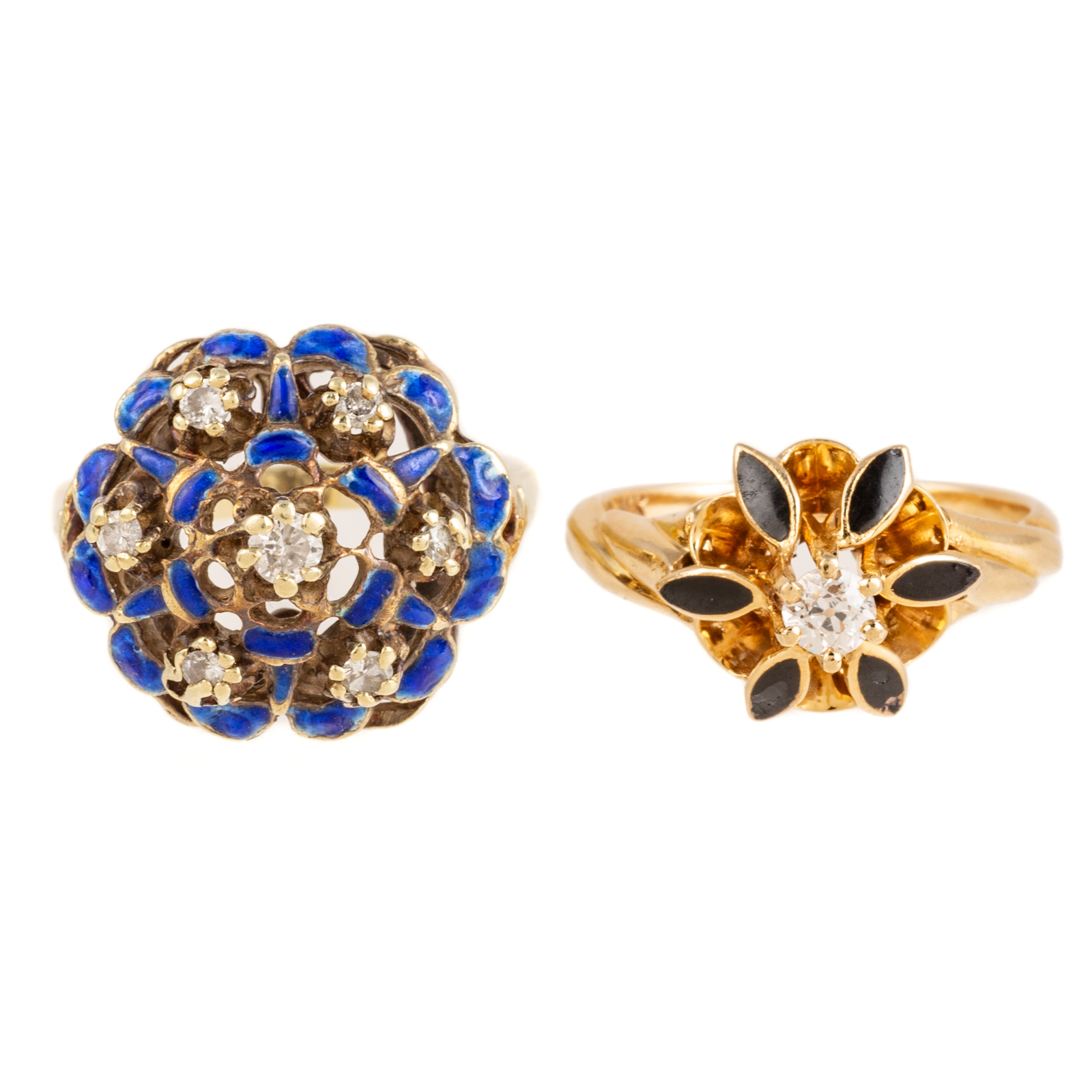 TWO DIAMOND & ENAMEL FLOWER RINGS