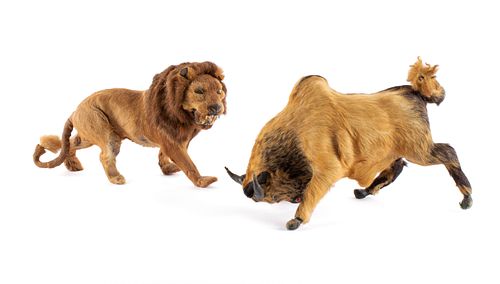TWO DIMINUTIVE BULL AND LION
