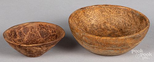 TWO DIMINUTIVE BURL BOWLS, ONE