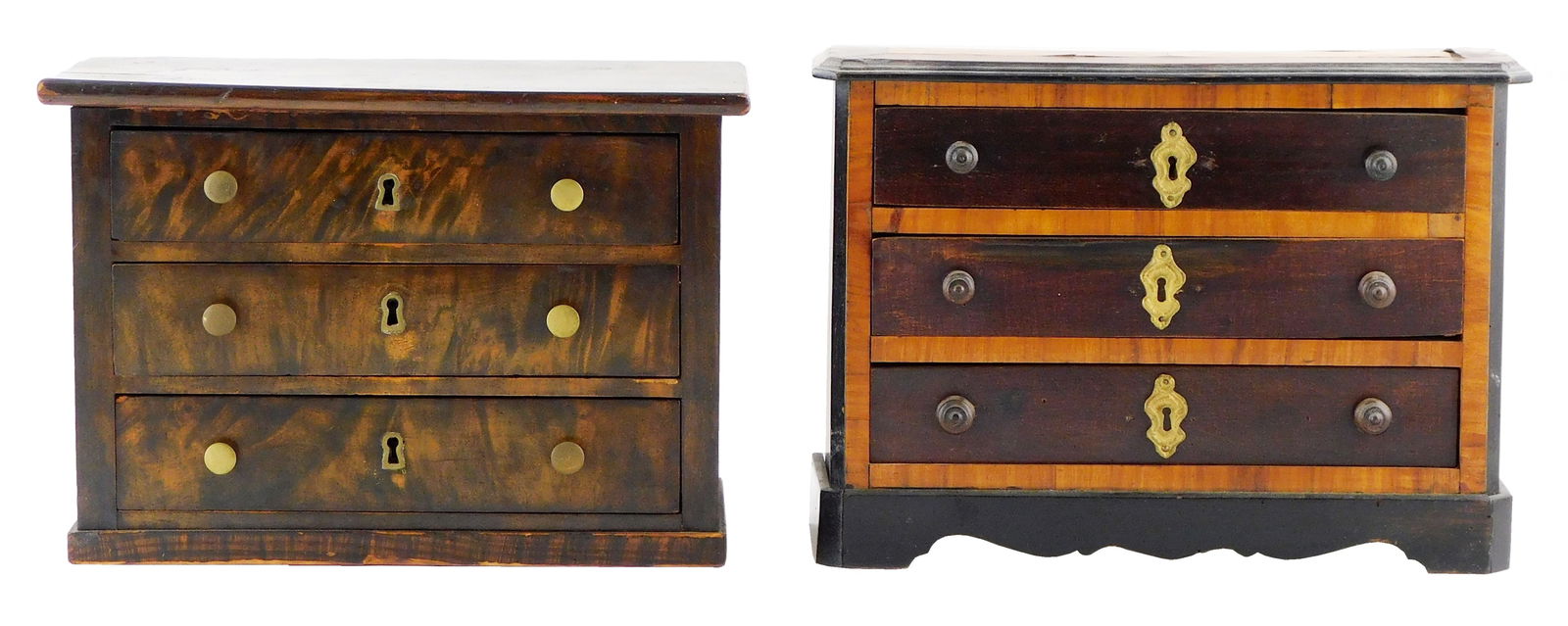 TWO DIMINUTIVE THREE DRAWER CHESTS,