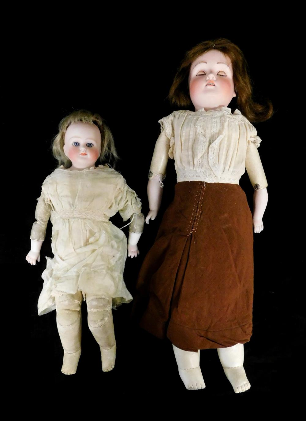 TWO DOLLS: 17" BISQUE SHOULDER HEAD