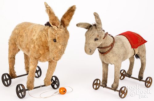 TWO DONKEY MOHAIR PULL TOYS,