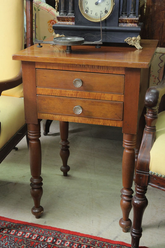 TWO DRAWER STAND. Maple and curly
