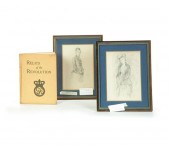 TWO DRAWINGS AND A BOOK.  Penc