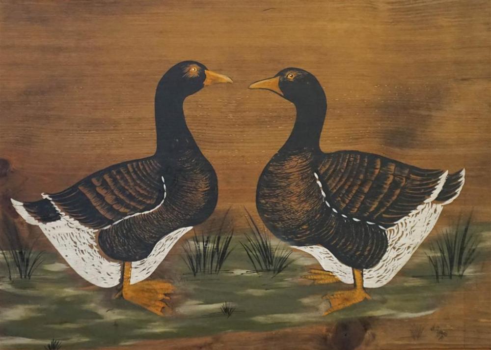 TWO DUCKS, OIL ON PINE BOARD,