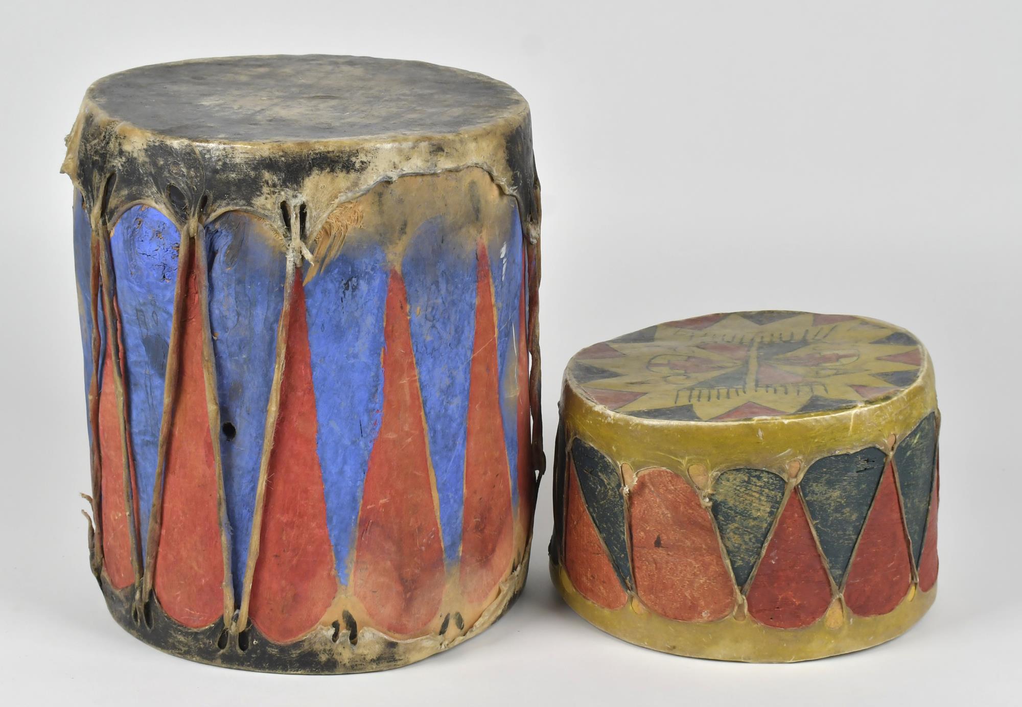 TWO EARLY 20TH C. PAINTED DRUMS.
