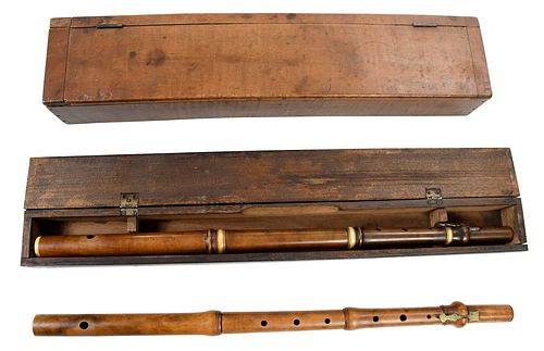 TWO EARLY CARVED WOOD FLUTES,
