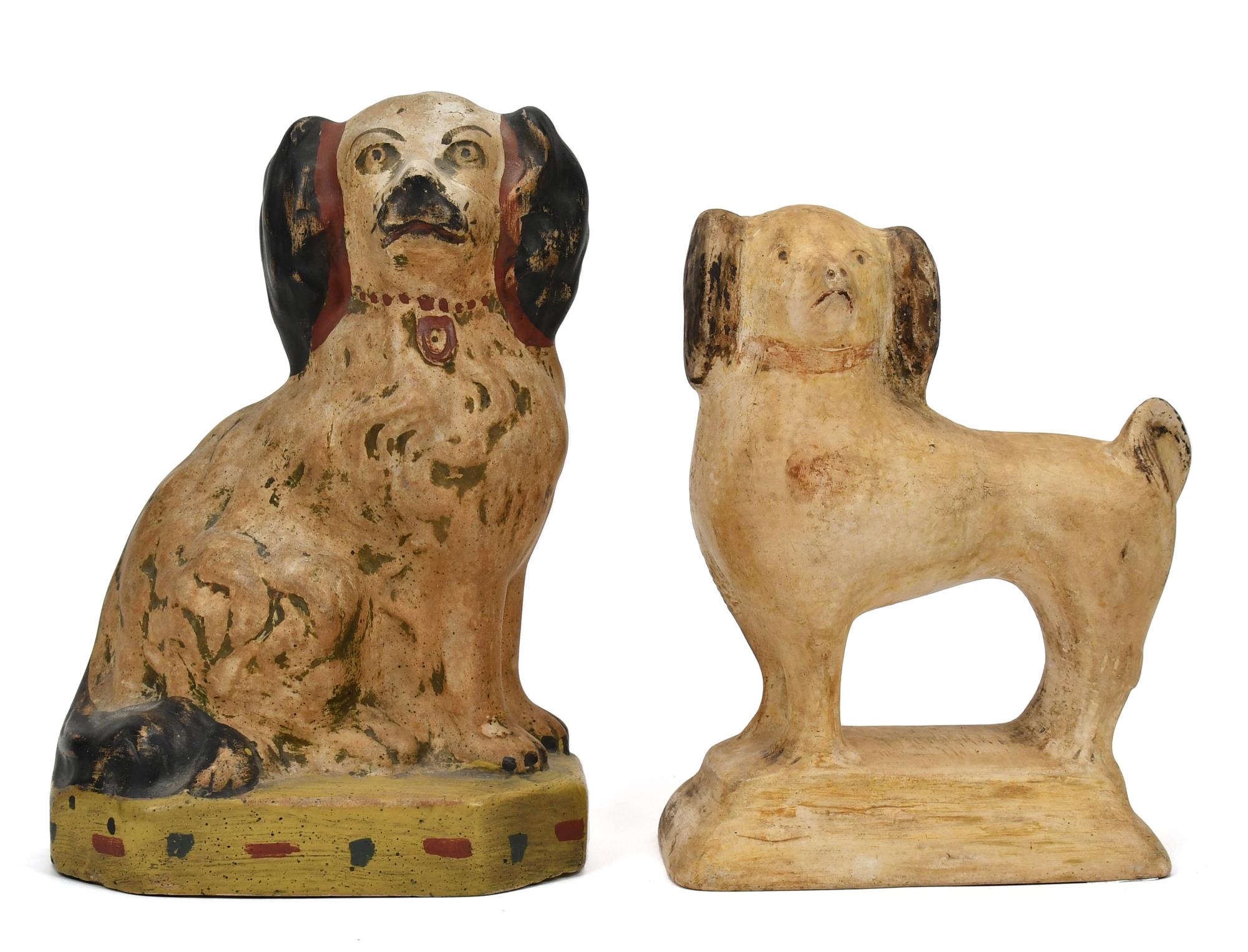 TWO EARLY CHALK WARE DOGS.
