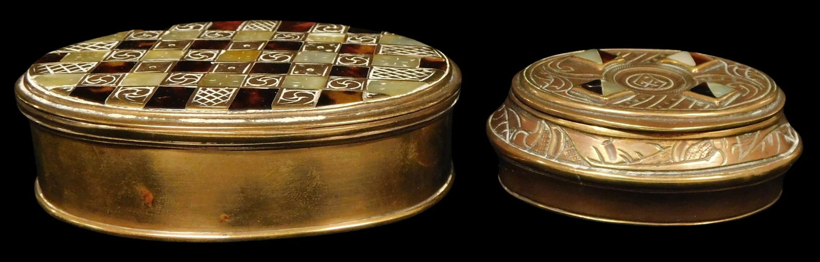 TWO EARLY OVAL FORM BRASS BOXES
