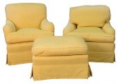 TWO EASY CHAIRS, IN CUSTOM YEL