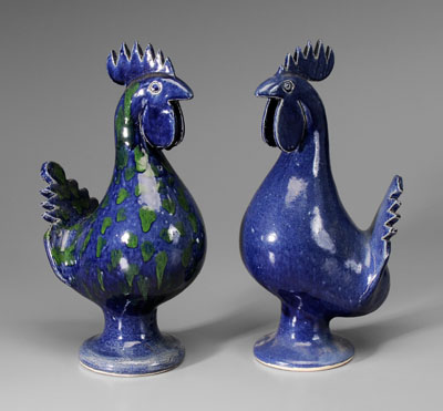 Two Edwin Meaders Blue Roosters