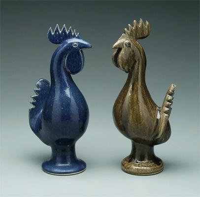 Two Edwin Meaders roosters: one