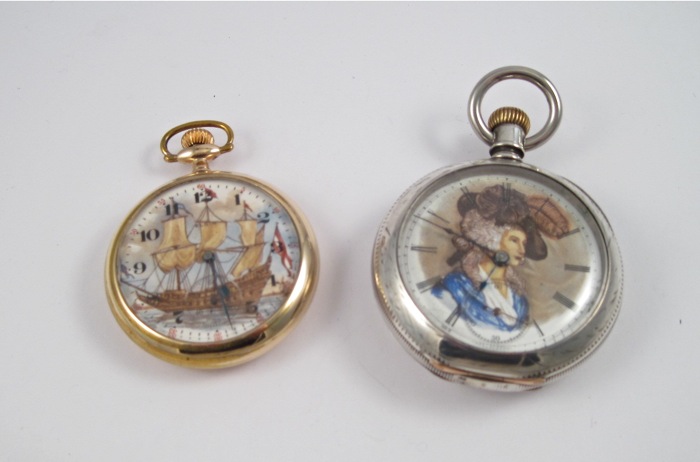 TWO ELGIN PICTORIAL FACE POCKET