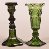 TWO EMERALD GREEN FLINT GLASS