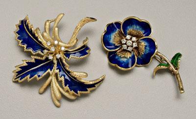 Two enamel, diamond brooches: one