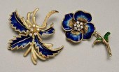 Two enamel, diamond brooches: