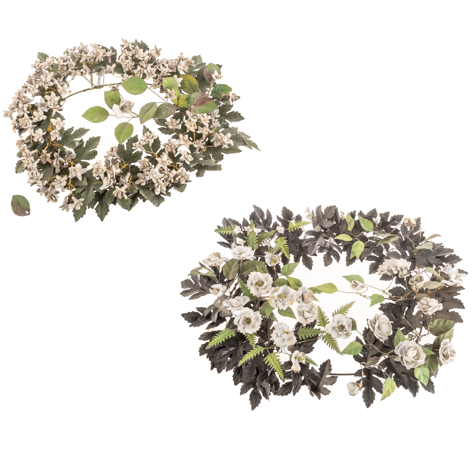 TWO ENAMELED METAL FLORAL WREATHS