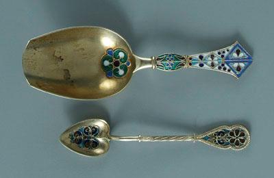 Two enameled silver spoons: one