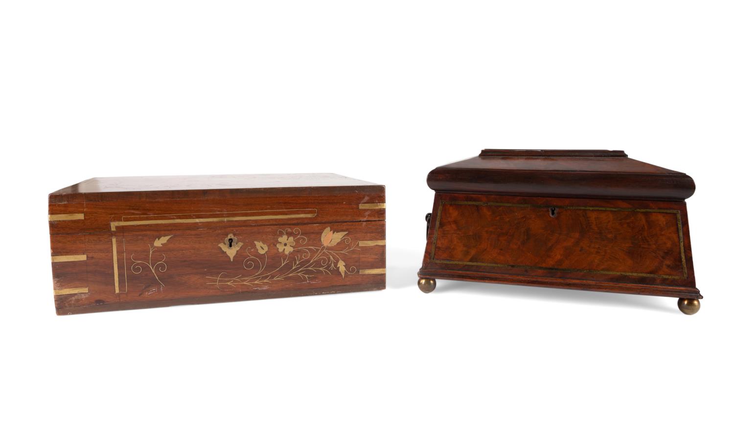 TWO ENGLISH BRASS INLAID WOODEN